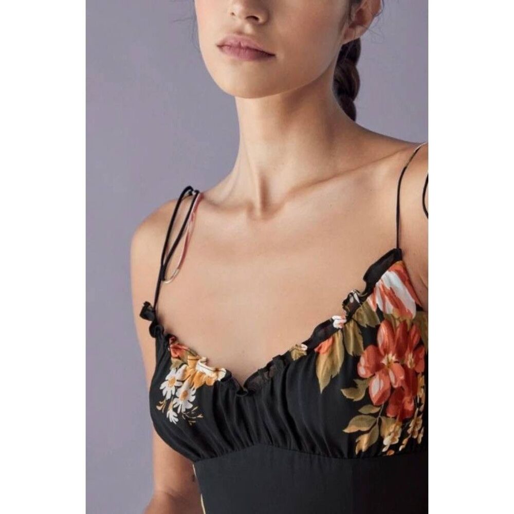Reformation Dress Womens 12 Black Floral Juliette Tie Strap Ruffle Midi Viscose - Picture 3 of 9